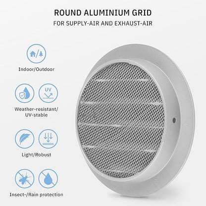 calimaero® WSGG 4" Inch Gray Round Metal Air Vent Grill Cover Flat Louver with Fly Screen Fits Only with Metal Ducts