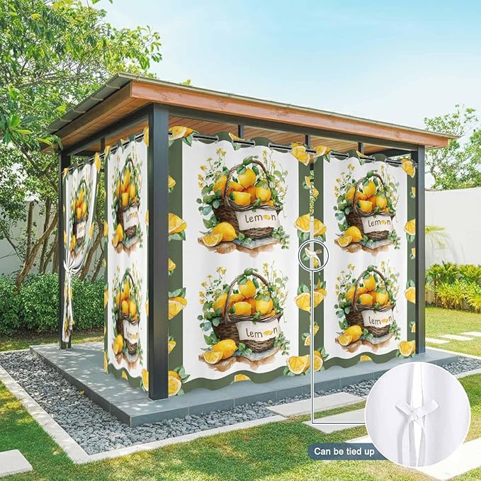 Lemon Outdoor Curtains for Patio Lemons Baskets Summer Tropical Plant Waterproof Outside Curtains with Grommet Top Weatherproof Curtain for Cabana Pergola Gazebo, 2 Pack, 54" W x 84" L