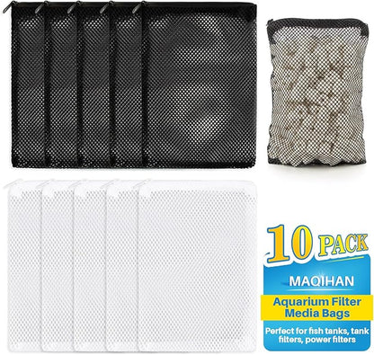 MAQIHAN 10pcs Aquarium Filter Media Bags - Mesh Filter Bags Reusable Bags with Zipper for Activated Carbon Ceramic Rings Filter Balls Fish Tank Pond 5.9 X 7.8 Inch