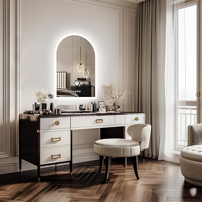 LUVODI Lighted LED Bathroom Mirror: 36x24IN Arched Dimmable Wall Lighted Vanity Mirror with Time Temperature Dispaly - Modern Vanity Mirrors with Backlit Anti-Fog Smart Switch for Hotel Bedroom