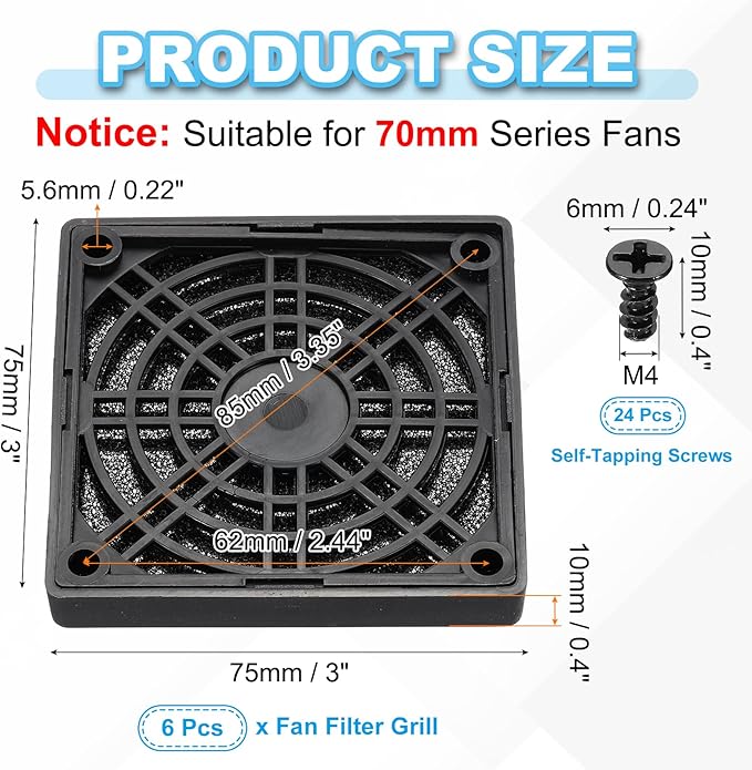 PATIKIL 70mm Fan Filter Grill, 6 Pcs Plastic Ventilation Dustproof Grill Cover Cooling Ventilator with Screws for Industry Workshop Computer Case Refrigerators Air Conditioning, Black