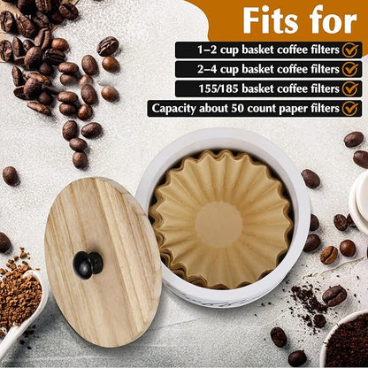 Wooden Coffee Filter Holder with Lid, Basket Coffee Filter Storage Container for Counter, Rustic Farmhouse Café Bar Decor, 50 Count Capacity (White)
