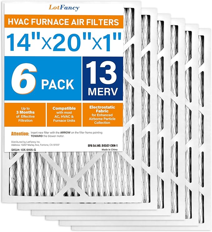 LotFancy 14x20x1 Air Filter MERV 13 6-Pack, Electrostatic Pleated HVAC Furnace Air Filter, Captures Pet Dander Smog Smoke, Actual Size: 13.75"x19.75"x0.75"
