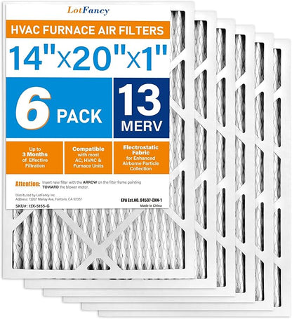 LotFancy 14x20x1 Air Filter MERV 13 6-Pack, Electrostatic Pleated HVAC Furnace Air Filter, Captures Pet Dander Smog Smoke, Actual Size: 13.75"x19.75"x0.75"