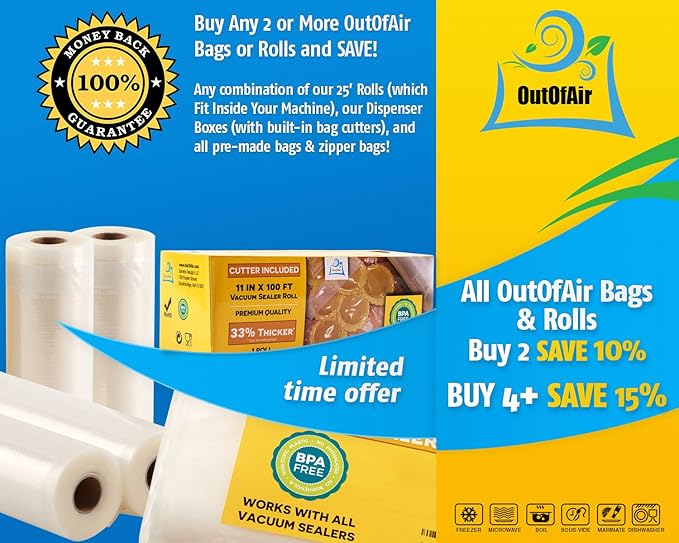 100 Vacuum Sealer Bags: Gallon Size (11" x 16") by OutOfAir Works With FoodSaver & Other Machines - 33% Thicker BPA Free, Commercial Grade, 11 x 16 inches