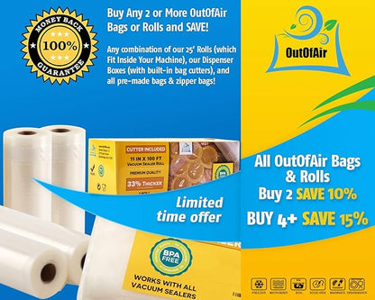 100 Vacuum Sealer Bags: Gallon Size (11" x 16") by OutOfAir Works With FoodSaver & Other Machines - 33% Thicker BPA Free, Commercial Grade, 11 x 16 inches