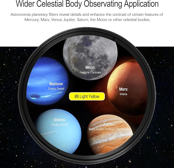 Astromania Telescope Filter, Planetary Filter with Metal Frame for Astronomical Telescope Eyepiece, 2 Inch Telescope #8 Yellow Color Filter for Enhancing Contrast in Lunar Planetary Observation