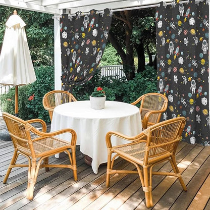 Cartoon Space Outdoor Curtains for Patio Rockets Planets Astronauts Gray Waterproof Outside Curtains with Grommet Top Weatherproof Curtain for Cabana Pergola Gazebo, 1 Panel, 54" W x 95" L