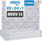 Aerostar 22x24x1 MERV 13 Pleated Air Filter, AC Furnace Air Filter, 6 Pack (Actual Size: 21 7/8" x 23 7/8" x 3/4")