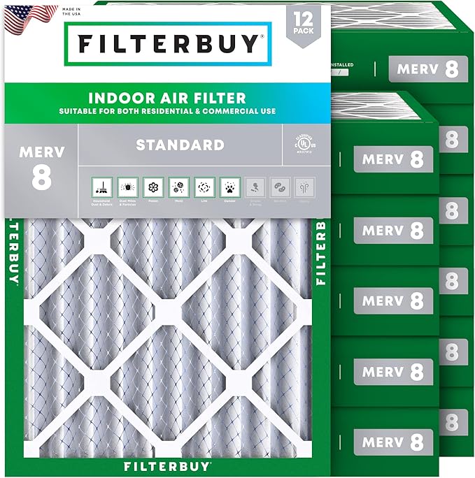 Filterbuy 18x20x4 Air Filter MERV 8 Essential Dust & Allergy Defense (12-Pack), Electrostatic Pleated HVAC AC Furnace Filters Replacement, Made in USA (Actual Size: 17.50 x 19.50 x 3.63)