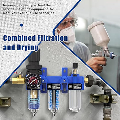 NEWPO 1/4" NPT Compressed Air Filter Regulator Lubricator Combo, Water/Oil Trap Separator,Brass Filter & Desiccant Dryers,Semi-Auto Drain,Metal Bracket-Blue