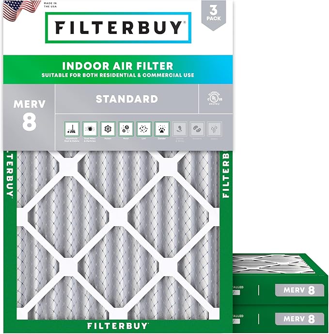 Filterbuy 18x25x2 Air Filter MERV 8 Essential Dust & Allergy Defense (3-Pack), Electrostatic Pleated HVAC AC Furnace Filters Replacement, Made in USA (Actual Size: 17.50 x 24.50 x 1.75)
