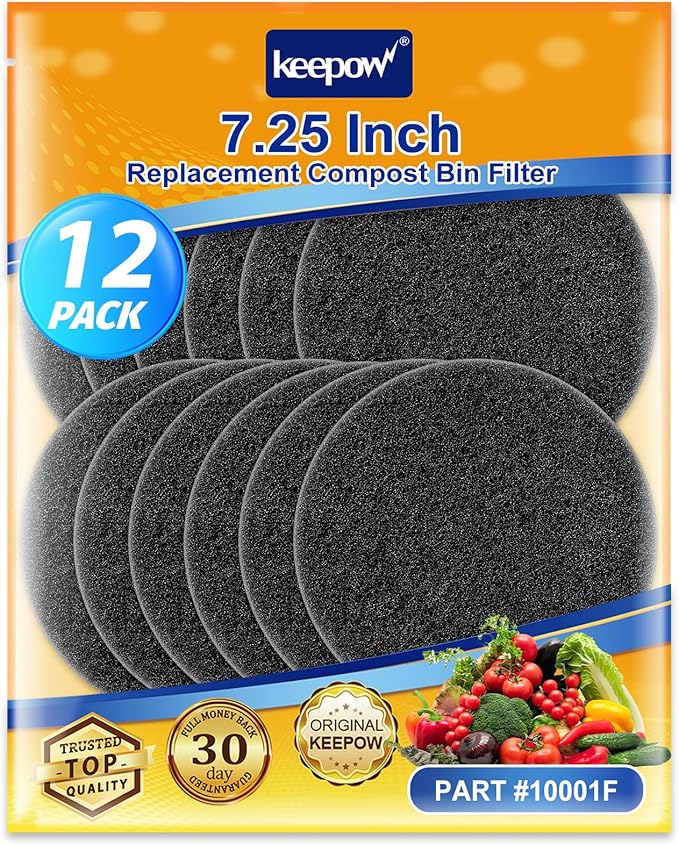KEEPOW Compost Bin Filter, 12 Pack 7.25" Charcoal Filters for Kitchen Compost Bin Countertop, Charcoal Filters for Compost Bucket, Activated Carbon Filter for Compost Pail Counter Refill Sets (Round)