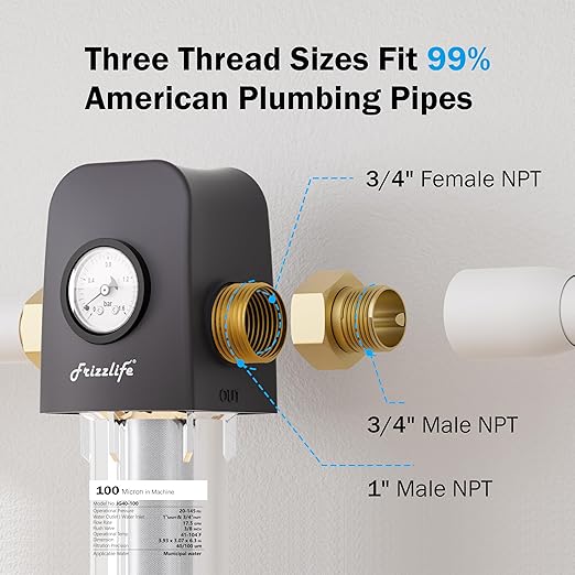 Frizzlife 40 & 100 Micron Spin Down Sediment Water Filter with Pressure Display and Built-in Scraper, Reusable and Flushable Whole House Pre-Filtration System, 1" + 3/4" NPT, BPA Free, JG40-100