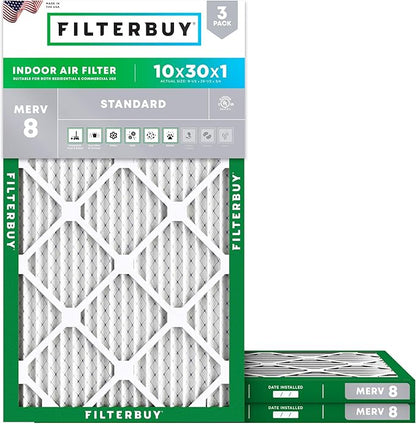 Filterbuy 10x30x1 Air Filter MERV 8 Essential Dust & Allergy Defense (3-Pack), Electrostatic Pleated HVAC AC Furnace Filters Replacement, Made in USA (Actual Size: 9.50 x 29.50 x 0.75)