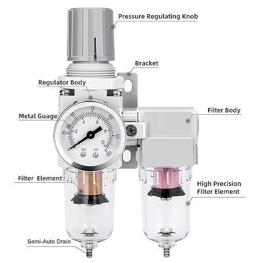 NANPU 1/4" NPT Air Dryer System - 5 Micron Particulate Filter, 0.5 Micron Coalescing Filter & Air Pressure Regulator, Water Trap Separator - Semi-Auto Drain,0-150 psi Gauge, Poly Bowl, Metal Bracket