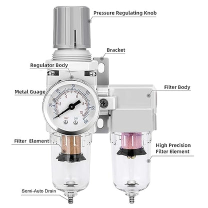 NANPU 1/4" NPT Air Dryer System - 5 Micron Particulate Filter, 0.5 Micron Coalescing Filter & Air Pressure Regulator, Water Trap Separator - Semi-Auto Drain,0-150 psi Gauge, Poly Bowl, Metal Bracket