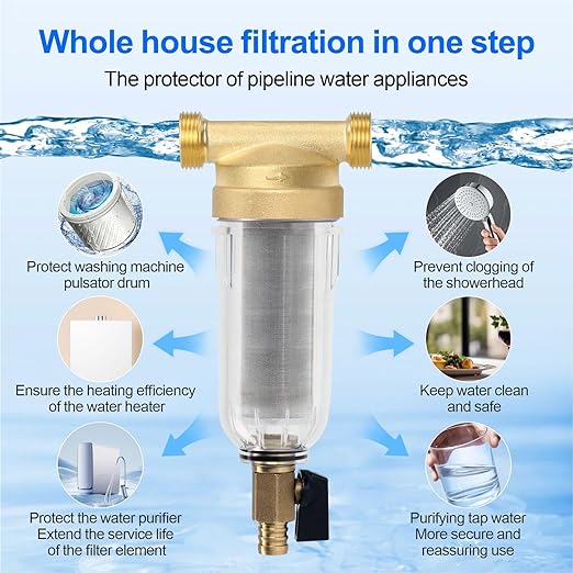 Whole House Spin Down Sediment Water Filter, 40 Micron, Reusable and Flushable Prefilter, 1" MNPT + 3/4" FNPT + 3/4" MNPT for City/Well Water, Lead-Free Brass, BPA-Free