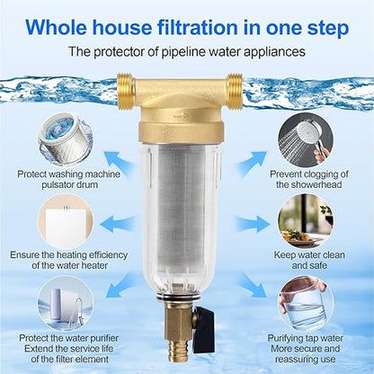 Whole House Spin Down Sediment Water Filter, 40 Micron, Reusable and Flushable Prefilter, 1" MNPT + 3/4" FNPT + 3/4" MNPT for City/Well Water, Lead-Free Brass, BPA-Free