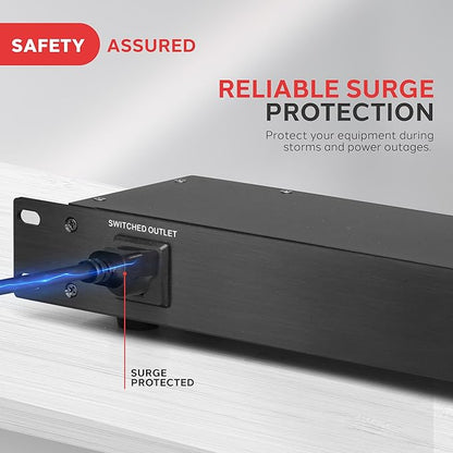 Pyle 150J Surge Protector Power Strip - 9 Outlet - 15 Amp - 1U Rack Mount with AC Filter - Heavy Duty Extension Cord - Overload Protection for Home/Office/Server Use - PCO850