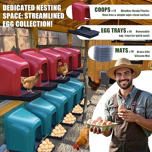 Nesting Boxes for Chickens - 10 Pack Roll Away Nesting Boxes Chicken Coop with Perch, Durable Plastic Chicken Laying Box with Pull Out Egg Tray, Poultry Farm & Hen House Accessories