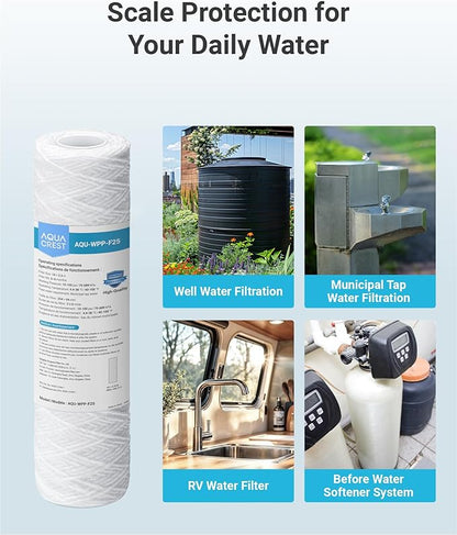 AQUA CREST AP110 5 Micron 10"x2.5" String Wound Whole House Water Filter Replacement for 3M® Aqua-Pure AP110, Culligan® P5, APEC, GE FXUSC, Whirlpool®, Any 10" x 2.5" Home Water Filter, Pack of 4