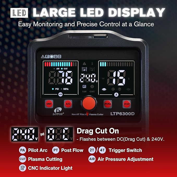 LTP6300D | 63A Non-Touch Pilot Arc Plasma Cutter, Drag-Cut Enabled, Non-HF Blowback Start, 3/4" Clean (1" Sever), Dual-Voltage 110/220V, LED Controls, Portable Air Plasma Cutter