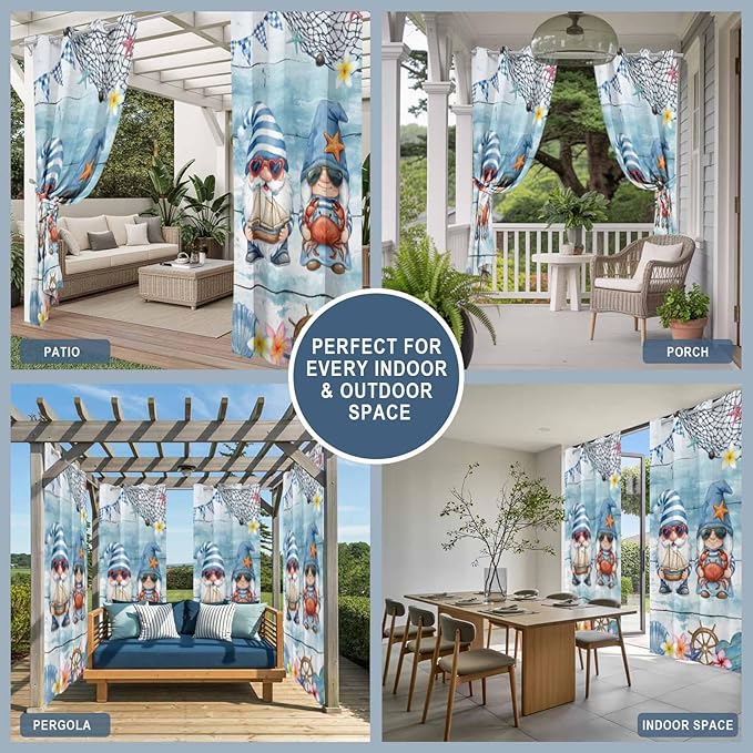 Ocean Gnome Outdoor Curtains for Patio Summer Marine Plumeria Shell Wood Blue Waterproof Outside Curtains with Grommet Top Weatherproof Curtain for Cabana Pergola Gazebo, 2 Pack, 54" W x 108" L