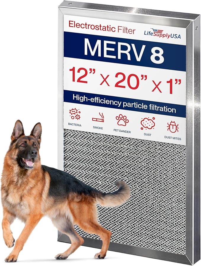 12x20x1 Electrostatic Air Filter, MERV 8, Washable, Reusable Furnace AC/HVAC Filter, Energy Saving, Easy to Clean, Long-Lasting by LifeSupplyUSA