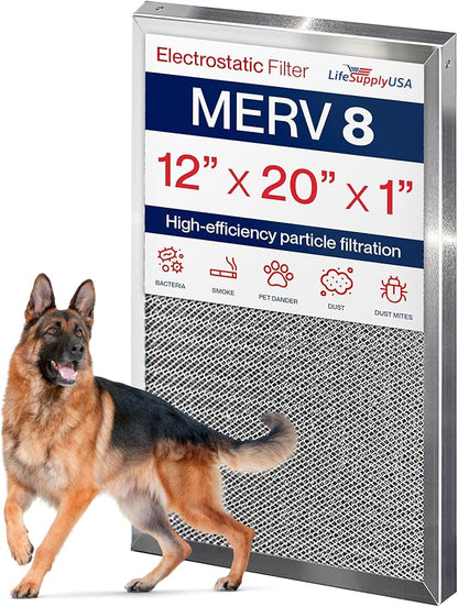 12x20x1 Electrostatic Air Filter, MERV 8, Washable, Reusable Furnace AC/HVAC Filter, Energy Saving, Easy to Clean, Long-Lasting by LifeSupplyUSA
