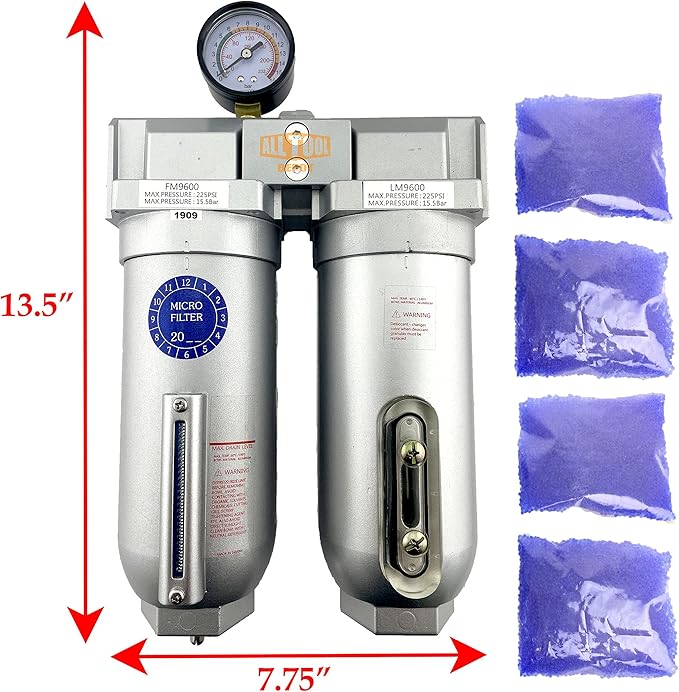 3/4" NPT SUPER DUTY Industrial Grade 2 Stages Coalescing Filter Desiccant Dryer System For Compressed Air Lines, Metal Bowls, Great For Paint Spray And Plasma Cutter