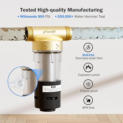 Frizzlife 40&100 Micron Spin Down Sediment Filter with Built-in Scraper, Reusable Whole House Pre-Filter for City/Well Water, Washing Machine, Flushable Filtration, 1"&3/4" NPT, BPA Free, JB40-100