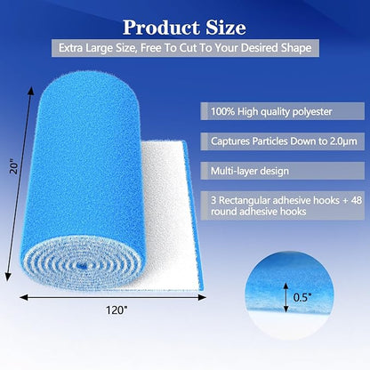 Air Vent Filters, 20"X120" Cut to Size Air Filter Material, MERV 8 Electrostatic Air Filter Roll, Blue & White Vent Filters for Home Floor, Rv Ac Vent, Ceiling, Refrigeration, HVAC Furnace Vent, Etc