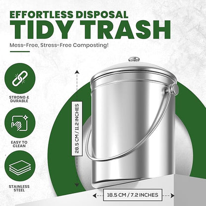 Utopia Kitchen Indoor Compost Bin Kitchen, Odorless Composting with Charcoal Filter, 1.3 Gallon Stainless Steel Large Composter for Countertop & Under Sink, Easy Cleaning, One Extra Filter - (Silver)