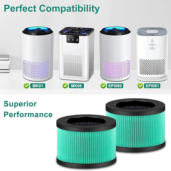 2 Pack MK01 MK06 Air Filter Replacement Compatible with Aroeve MK01 MK06, ToLife TZ-K1 and Kloudi DH-JH01 Filter, Pet Dander Version, Green