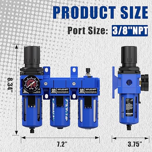 NEWPO 3/8" NPT Air Compressor Water Separator-Air Filter Regulator Lubricator Combo, Water/Oil Trap Separator,Brass Filter & Desiccant Dryers,Semi-Auto Drain,Metal Bracket-Blue