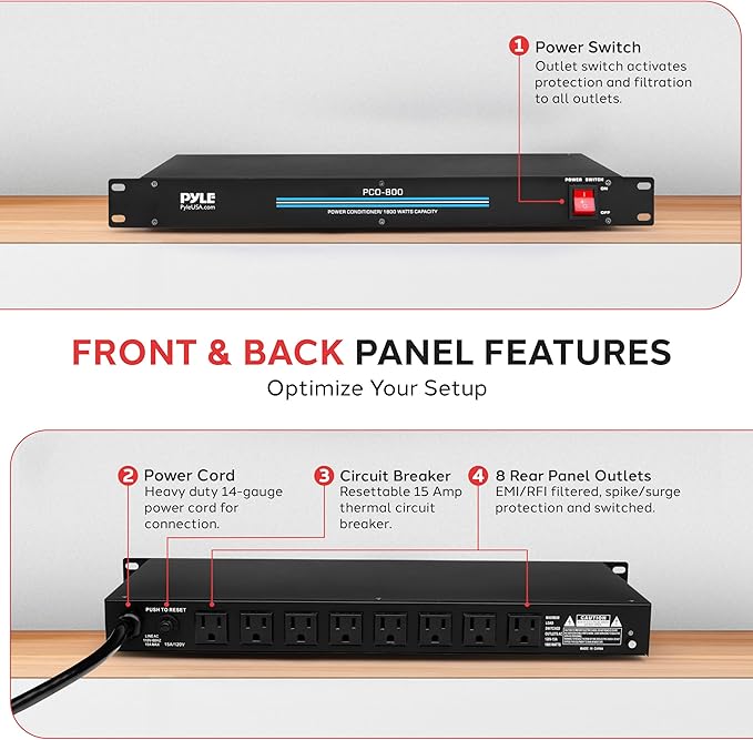 Pyle 1800W 8-Outlet Rack Mount Power Conditioner - 15 Amp Surge Protector with Noise Suppression - Rear Outlet for Multi Appliances - Triple Mode Protection - AC Power - for Home & Computer - PCO800