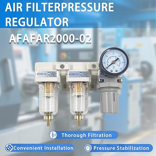 XingNEeng 1/4" NPT Compressed Air Filter Regulator Lubricator (FRL) Combo, Water/Oil Trap Separator, Air Pressure Regulator with Pressure Gauge(0-150 psi), Manual Drain, Poly Bowl, Metal Bracket