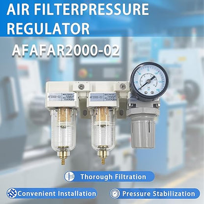 XingNEeng 1/4" NPT Compressed Air Filter Regulator Lubricator (FRL) Combo, Water/Oil Trap Separator, Air Pressure Regulator with Pressure Gauge(0-150 psi), Manual Drain, Poly Bowl, Metal Bracket