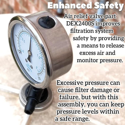 DEX2400S Air Relief Valve and Gauge Adapter Assembly Compatible with Hayward Pro, Super, Micro-Clear DE Series, Pool Sand Filter Pressure Gauge