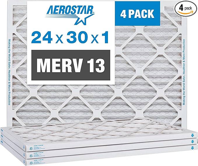 Aerostar 24x30x1 MERV 13 Pleated Air Filter, AC Furnace Air Filter, 4 Pack (Actual Size: 23 7/8" x 29 7/8" x 3/4")