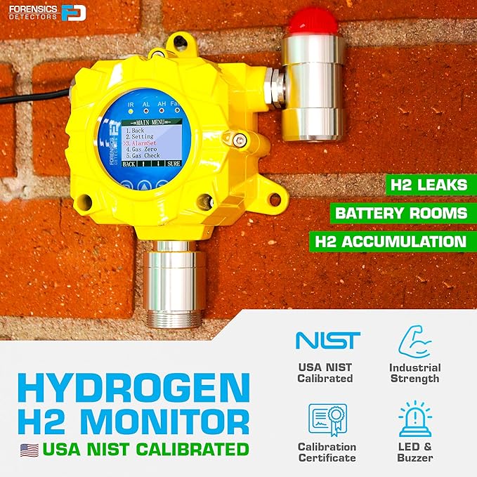 Hydrogen Gas Detector for Battery Room Monitoring by Forensics | Wall Mount Continuous Monitoring | USA NIST traceable Calibration | Adjustable Alarms | Relay Output | 0-1000 ppm |