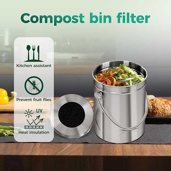 7 Pack 6.7 Inch Round Fiber Cotton Activated Charcoal Compost Filters - Odor Control Replacement for Kitchen Compost Bins, Countertop Compost Bin & Compost Bucket