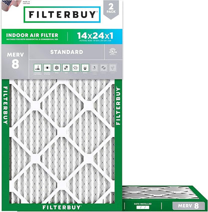 Filterbuy 14x24x1 Air Filter MERV 8 Essential Dust & Allergy Defense (2-Pack), Electrostatic Pleated HVAC AC Furnace Filters Replacement, Made in USA (Actual Size: 13.38 x 23.38 x 0.75)