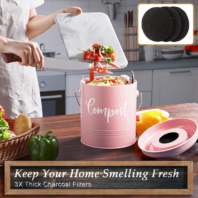 Compost Bin Kitchen, 1.3 Gallon Farmhouse Kitchen Compost Bin Countertop, Indoor Countertop Compost Bucket with Lid and Charcoal Filters, Pink