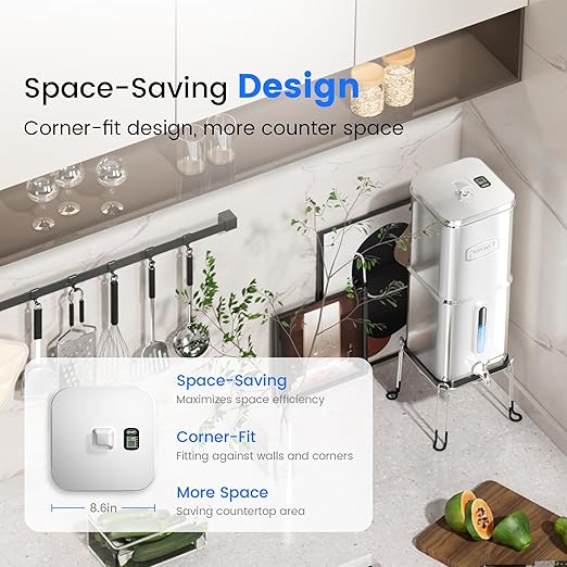 Purewell Square Series 3-Stage Gravity Fed Water Filter System with Smart Timer, Stainless Steel Countertop System with Water Level Window, 2 Upgraded Filters and Stand, Reduce 99% Chlorine, SQ-2.25G
