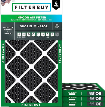 Filterbuy 15x25x1 Air Filter MERV 10 Odor & Allergy Defense with Activated Carbon (4-Pack), Electrostatic Pleated HVAC AC Furnace Filters Replacement, Made in USA (Actual Size: 14.50 x 24.50 x 0.75)