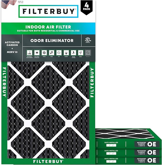 Filterbuy 14x30x1 Air Filter MERV 10 Odor & Allergy Defense with Activated Carbon (4-Pack), Electrostatic Pleated HVAC AC Furnace Filters Replacement, Made in USA (Actual Size: 13.88 x 29.88 x 0.75)