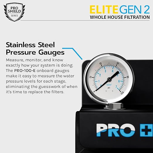 PRO+AQUA Elite Series GEN2 PRO-100-E 3-Stage Whole House Water Filtration System for City & Well Water with Pressure Gauges | Removes 99% of Chlorine, VOCs, Odors & Contaminants with Extra Filter Set