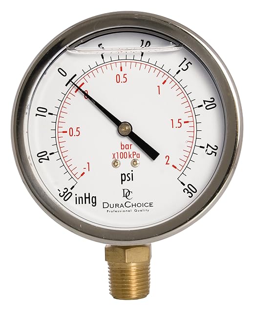 4" Oil Filled Vacuum Pressure Gauge - Stainless Steel Case, Brass, 1/2" NPT, Lower Mount Connection, 30HG/30PSI